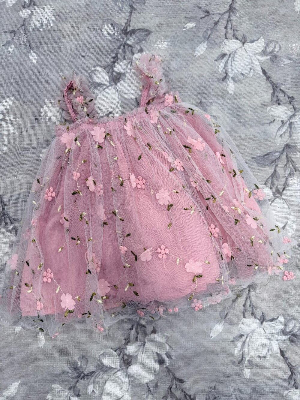 Pink Floral Embroidered Tulle Dress Girls Toddler Fairy Princess Cottagecore